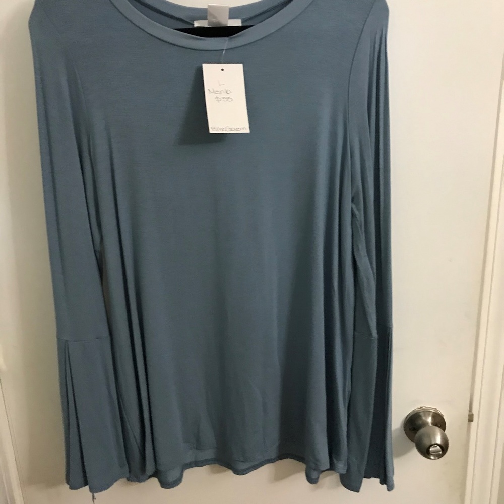 Blue long sleeve top with bell sleeves